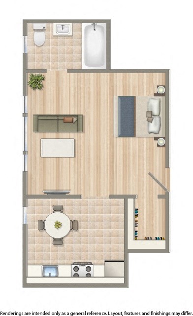 studio apartment floor plan rendering at chatham courts apartments in washington dc